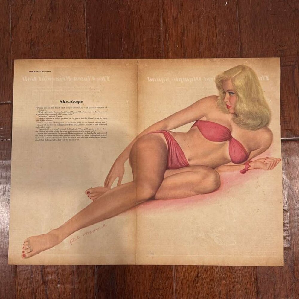 "SHE-SCAPE" Al Moore Art Vintage Pin-up & Girl at the Piano Pierre-Auguste 1949